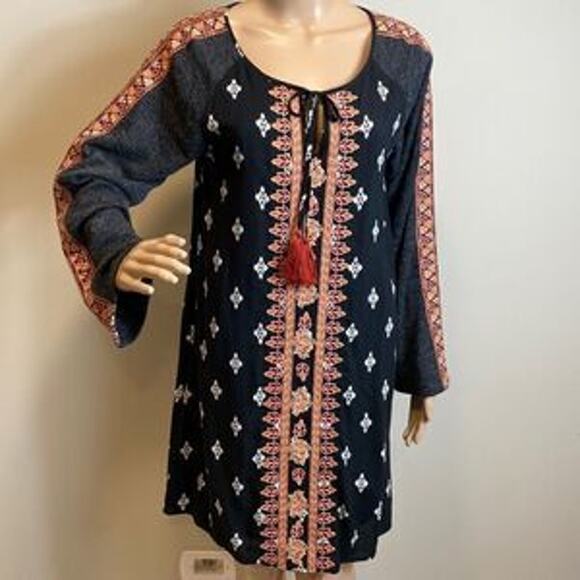 Anthropologie THML Embroidered Tunic Dress Boho Kimono Tassel XS Black Boho Fall - Picture 1 of 9